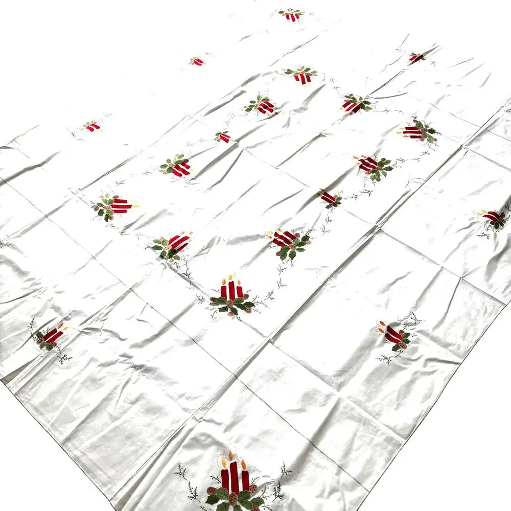 White cotton Christmas holiday tablecloth appliqué & 6 matching napkins flaws